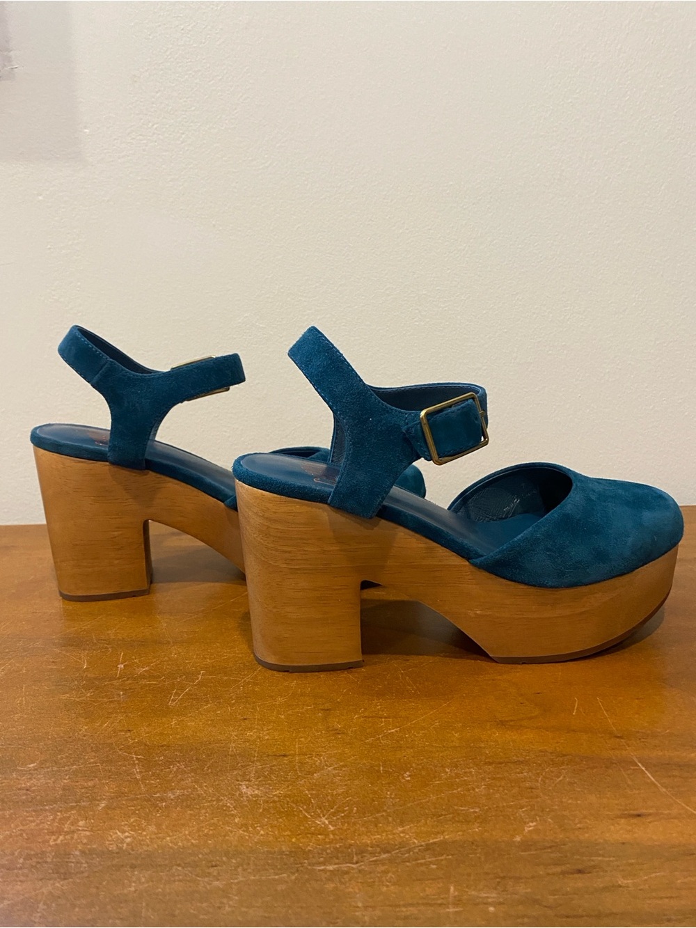 Teal Suede Platform Clog with Ankle Strap - Picture 4 of 6